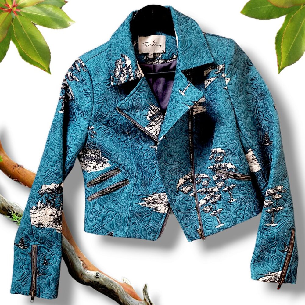 Teal Brocade Cotton-Blend Moto Jacket Woodland Print, sz XS